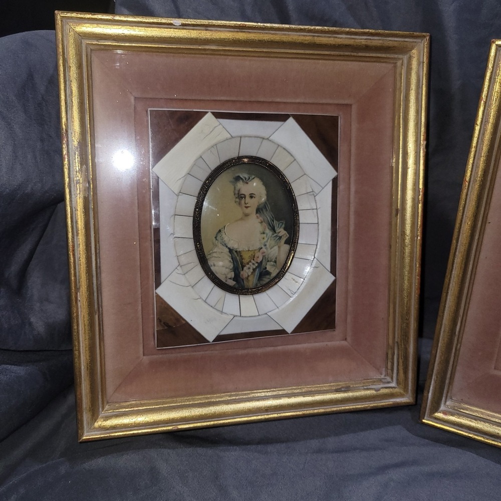 Victorian Portraits Miniature Hand Painted Bakelite Frame Lady Gold Matted Pair - Picture 2 of 11
